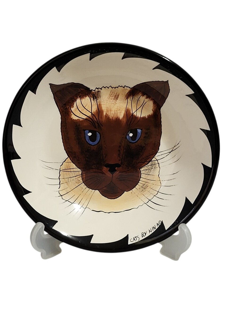 Cats By Nina Lyman Siamese Kitty Decorative Bowl 8" Blue Eyes Ceramic Black Rim